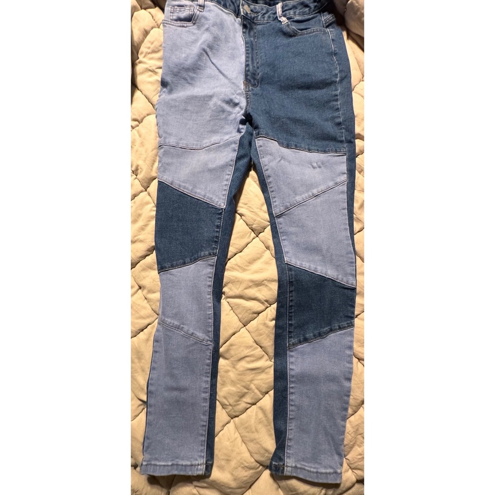 SHEIN Women Patchwork Denim Jeans High Rise Flare Leg Blue Size‎ L